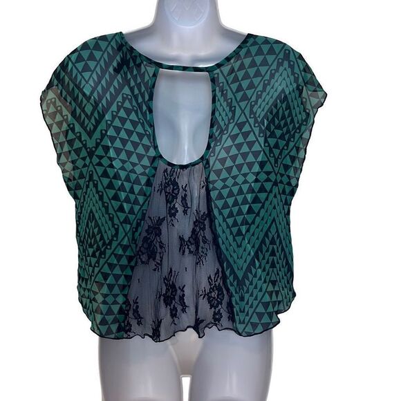 Self Esteem EUC Green Blue Abstract Print Lace Inset Sheer Blouse Sz M - Picture 2 of 6